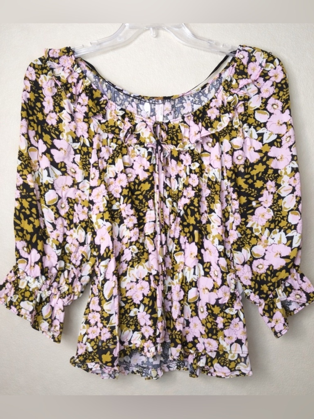 Free People Floral Ruffle Peplum Top Tie Front Boho Blouse Size Large